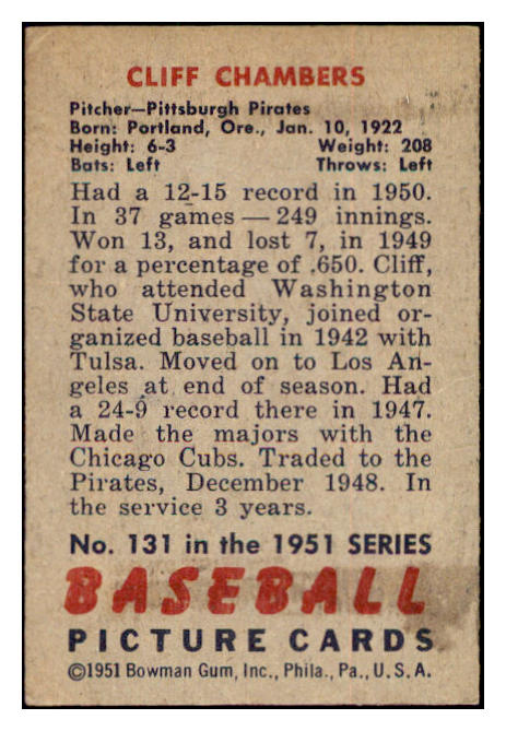 1951 Bowman Baseball #131 Cliff Chambers Pirates VG-EX 515134