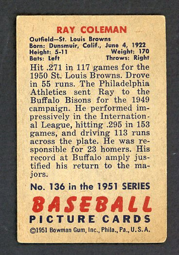 1951 Bowman Baseball #136 Ray Coleman Browns VG-EX 515135