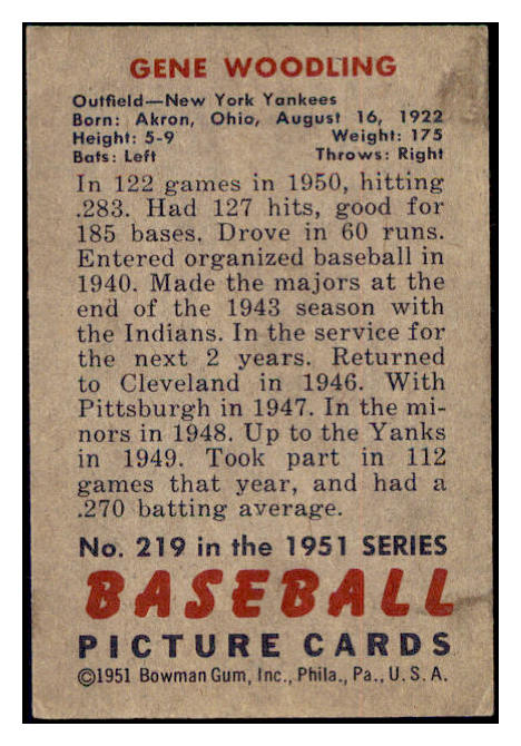 1951 Bowman Baseball #219 Gene Woodling Yankees EX 515172