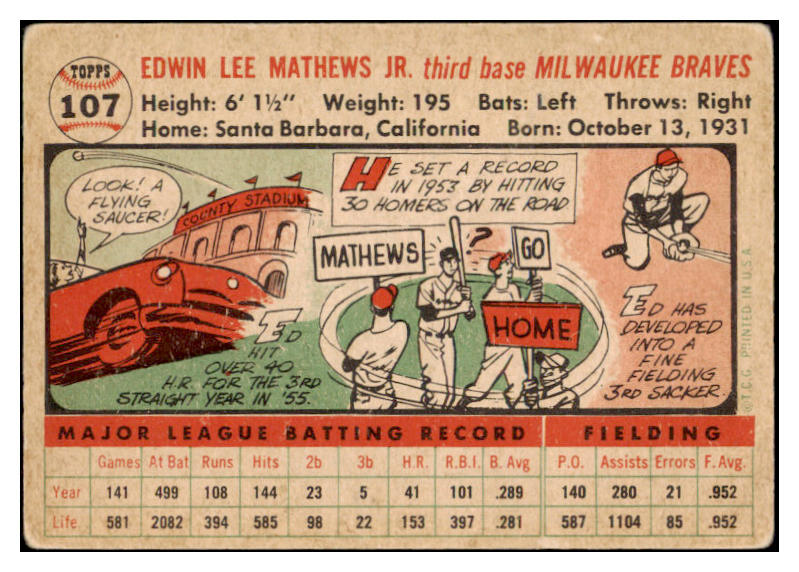 1956 Topps Baseball #107 Eddie Mathews Braves Good White 515585