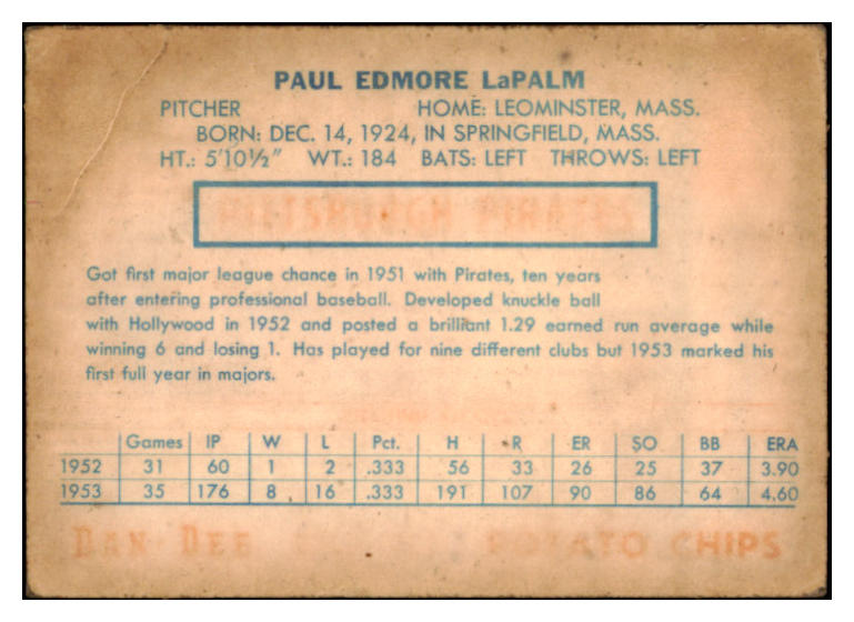 1954 Dan Dee Paul Lapalme Pirates VG 515806