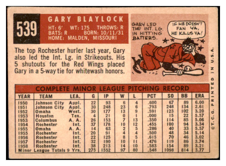 1959 Topps Baseball #539 Gary Blaylock Cardinals VG-EX 515932