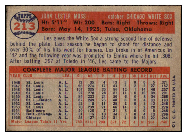 1957 Topps Baseball #213 Les Moss White Sox EX-MT 516231