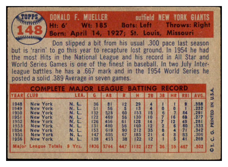 1957 Topps Baseball #148 Don Mueller Giants EX-MT 516293