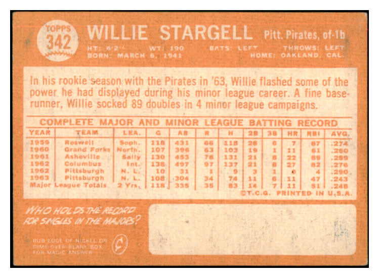 1964 Topps Baseball #342 Willie Stargell Pirates EX+/EX-MT 517145