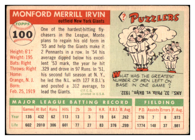 1955 Topps Baseball #100 Monte Irvin Giants VG-EX 518897