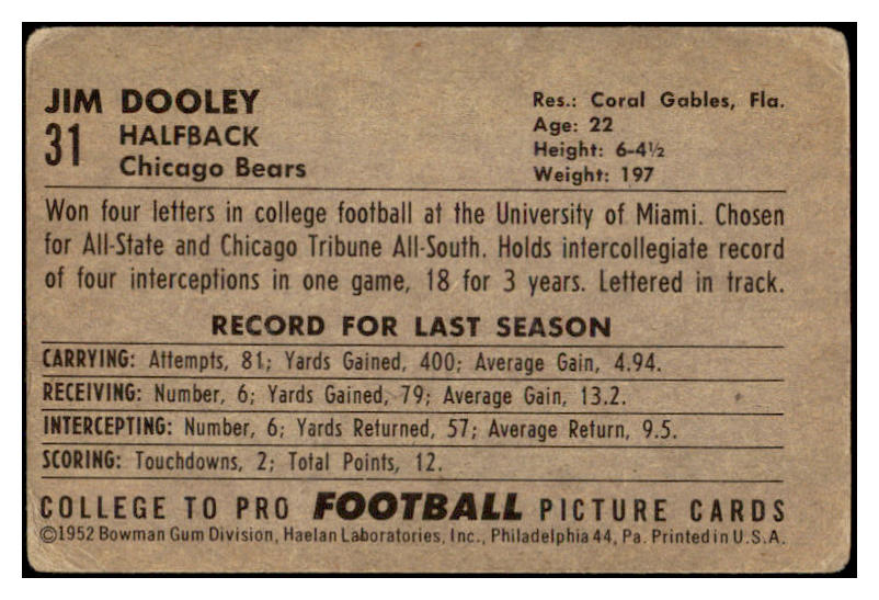 1952 Bowman Large Football #031 Jim Dooley Bears VG 519380