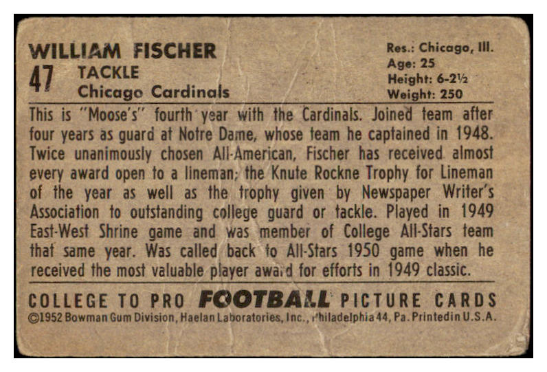 1952 Bowman Large Football #047 William Fischer Cardinals PR-FR 519392