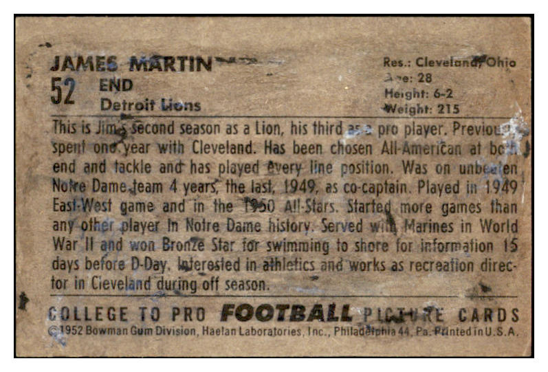 1952 Bowman Large Football #052 James Martin Lions FR-GD 519398