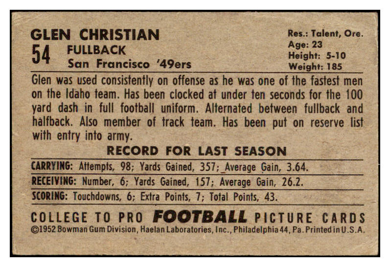 1952 Bowman Large Football #054 Glen Christian 49ers VG-EX 519400