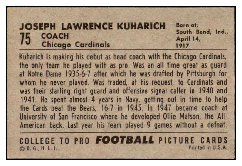 1952 Bowman Large Football #075 Joe Kuharich Cardinals EX 519415