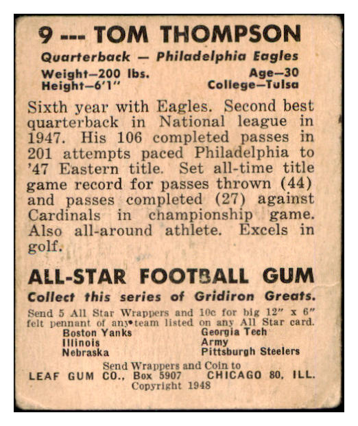 1948 Leaf #009 Tommy Thompson Eagles VG 519473