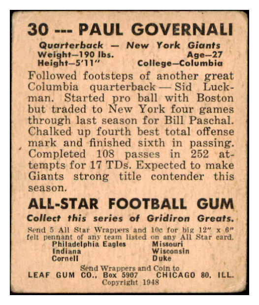 1948 Leaf #030 Paul Governali Giants VG 519495