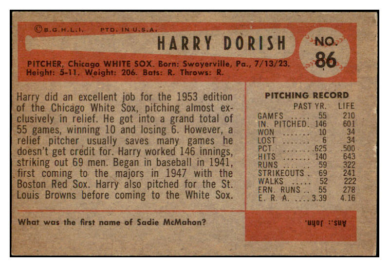 1954 Bowman Baseball #086 Harry Dorish White Sox NR-MT 519591