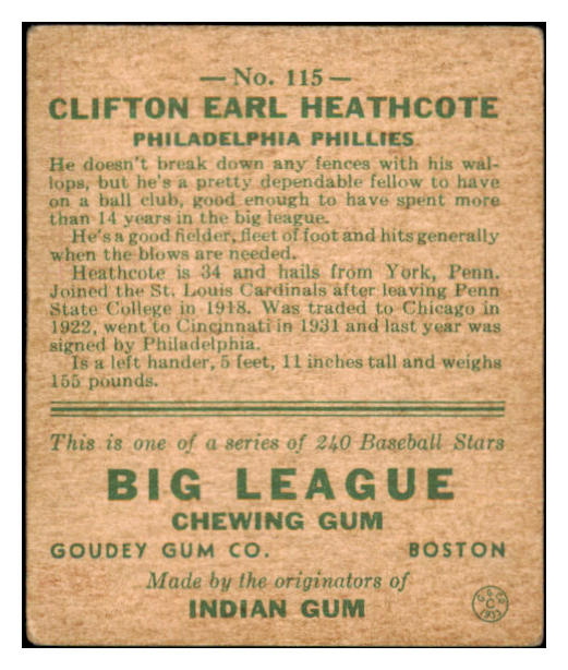 1933 Goudey #115 Cliff Heathcote Phillies VG-EX 519706