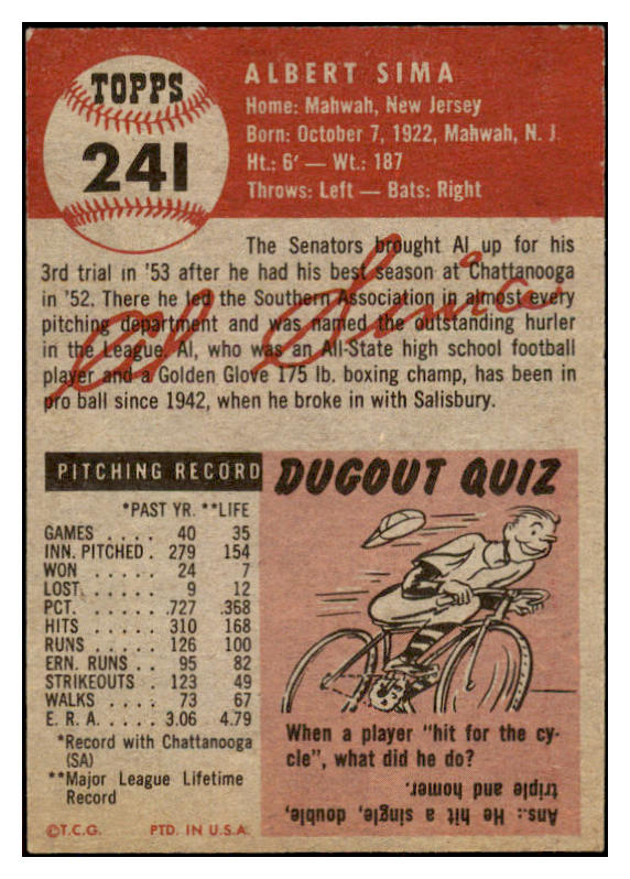 1953 Topps Baseball #241 Al Sima Senators EX-MT 519777