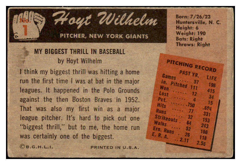 1955 Bowman Baseball #001 Hoyt Wilhelm Giants VG 520127