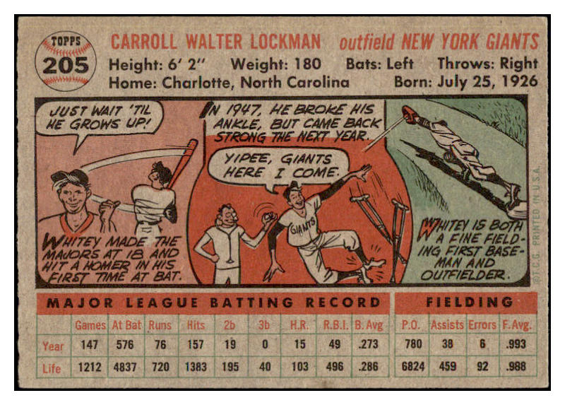 1956 Topps Baseball #205 Whitey Lockman Giants EX-MT 520190