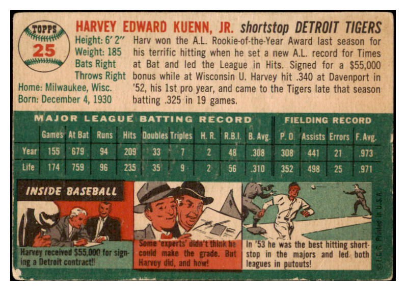 1954 Topps Baseball #025 Harvey Kuenn Tigers VG-EX 520242