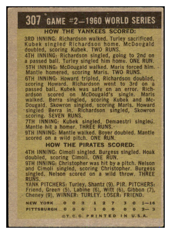1961 Topps Baseball #307 World Series Game 2 Mickey Mantle VG-EX 521072