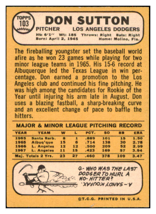 1968 Topps Baseball #103 Don Sutton Dodgers NR-MT 521713