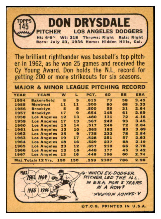 1968 Topps Baseball #145 Don Drysdale Dodgers NR-MT 521716