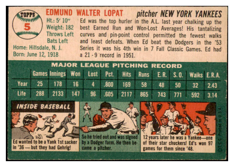 1954 Topps Baseball #005 Eddie Lopat Yankees EX-MT 521827