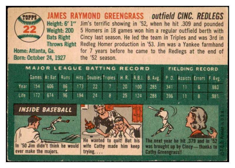 1954 Topps Baseball #022 Jim Greengrass Reds VG-EX 521841