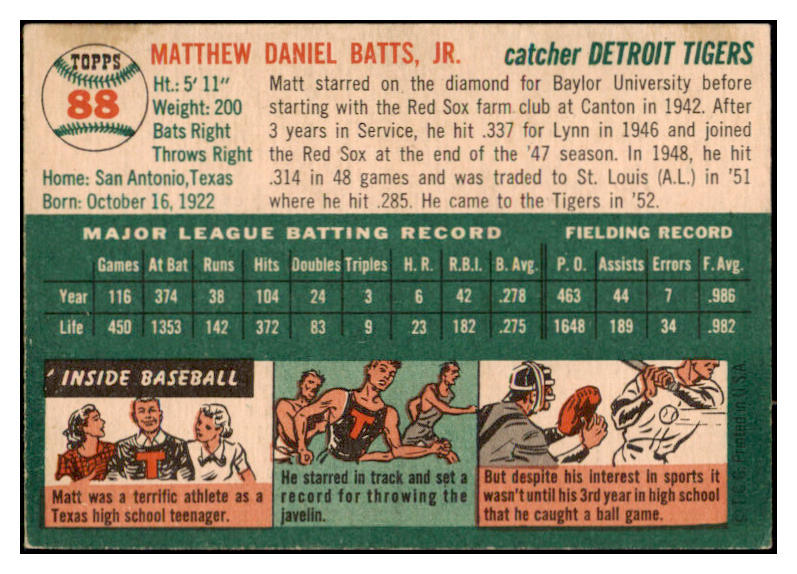 1954 Topps Baseball #088 Matt Batts Tigers EX-MT 521911