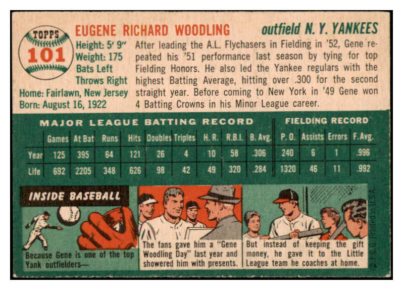 1954 Topps Baseball #101 Gene Woodling Yankees EX-MT 521923