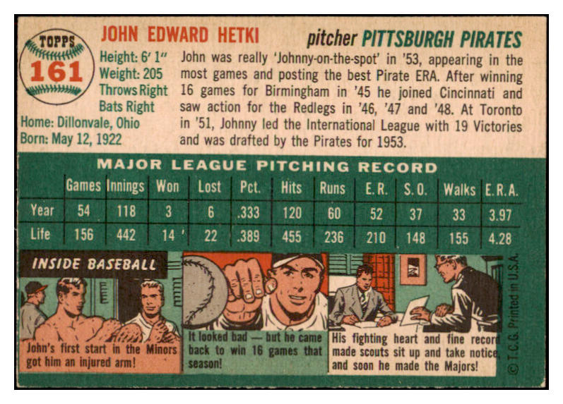 1954 Topps Baseball #161 John Hetki Pirates EX-MT 521987