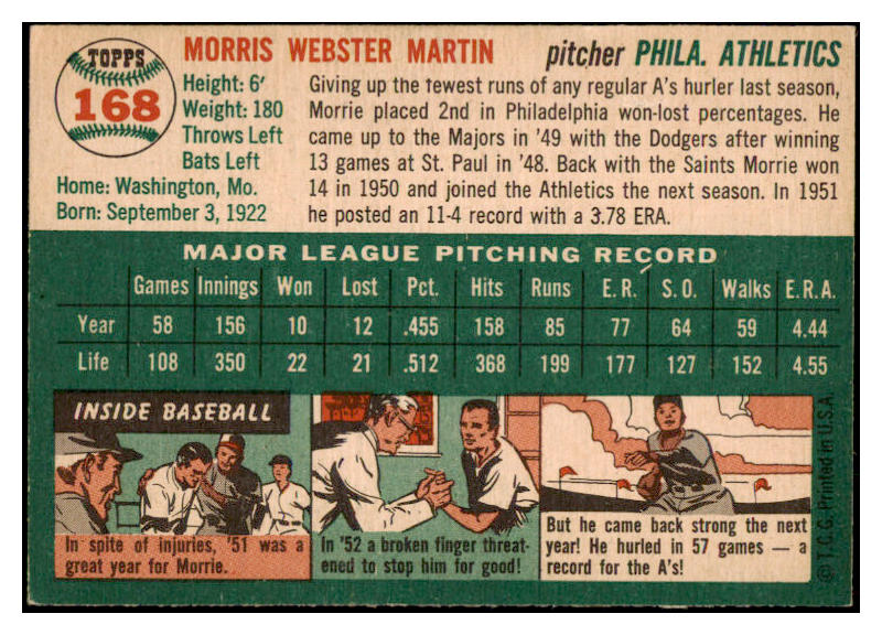 1954 Topps Baseball #168 Morrie Martin A's EX-MT 521996