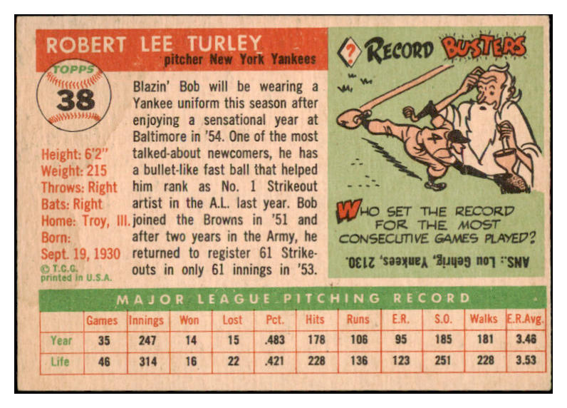 1955 Topps Baseball #038 Bob Turley Yankees EX-MT 523719