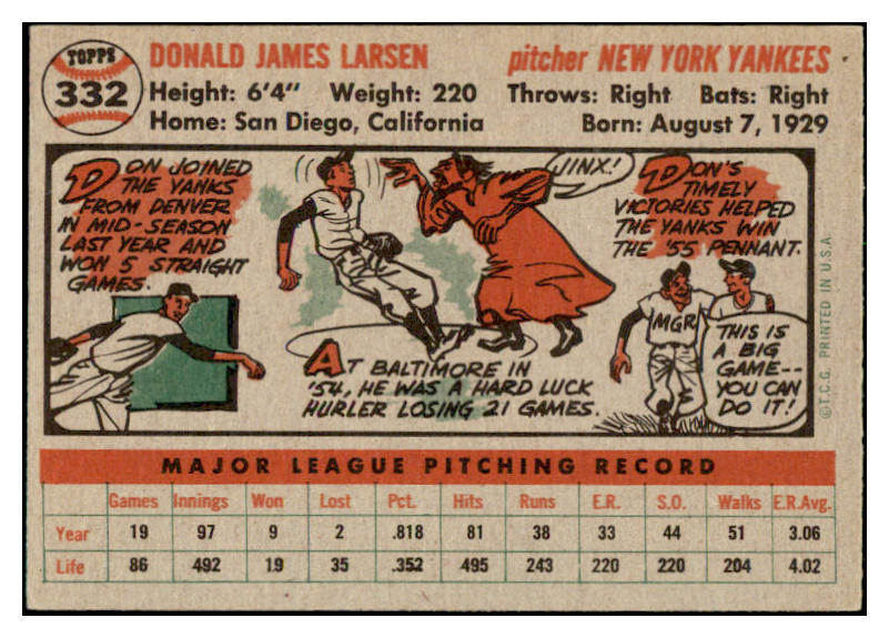 1956 Topps Baseball #332 Don Larsen Yankees EX-MT 523743