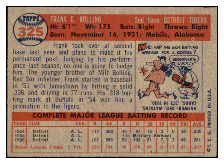 1957 Topps Baseball #325 Frank Bolling Tigers EX-MT 523884