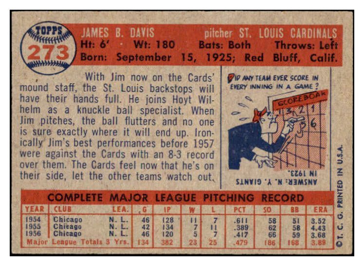 1957 Topps Baseball #273 Jim Davis Cardinals EX 523893