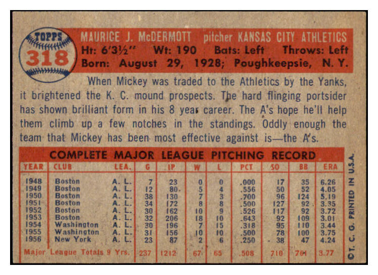 1957 Topps Baseball #318 Mickey McDermott A's EX 523895