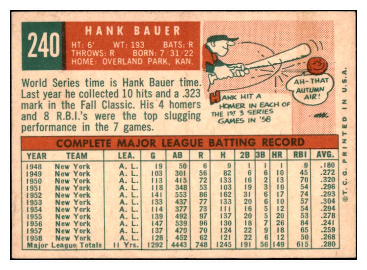 1959 Topps Baseball #240 Hank Bauer Yankees EX-MT 524304