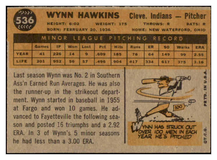 1960 Topps Baseball #536 Wynn Hawkins Indians EX 524448