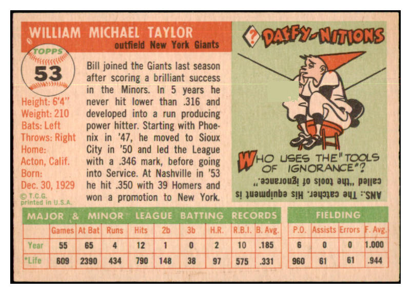 1955 Topps Baseball #053 Bill Taylor Giants NR-MT 524632