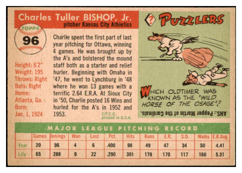 1955 Topps Baseball #096 Charlie Bishop A's NR-MT 524661
