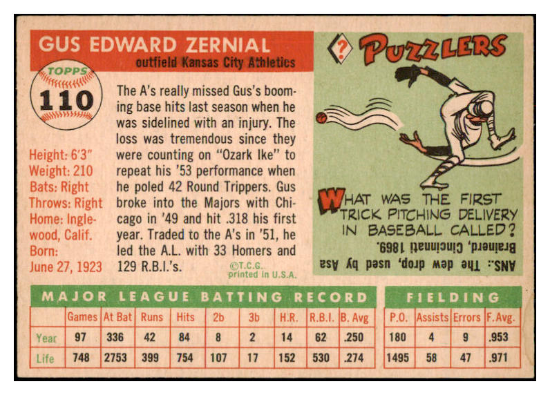 1955 Topps Baseball #110 Gus Zernial A's NR-MT 524670