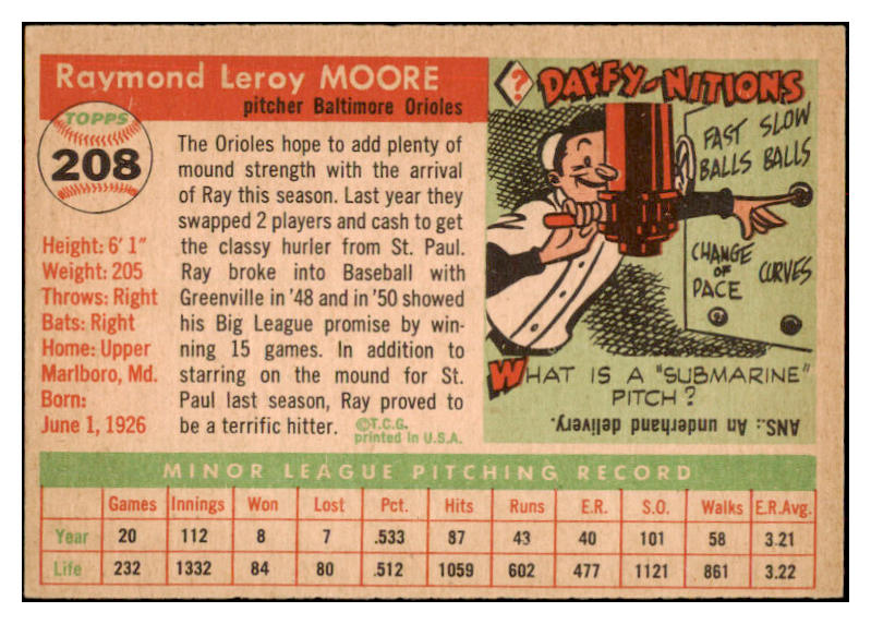 1955 Topps Baseball #208 Ray Moore Orioles NR-MT 524726
