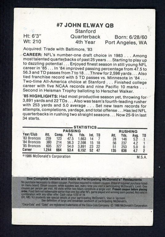 1986 McDonalds #007 John Elway Broncos VG-EX 524815