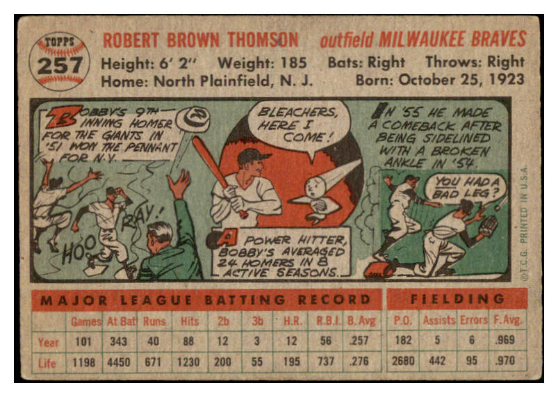 1956 Topps Baseball #257 Bobby Thomson Braves EX 524904