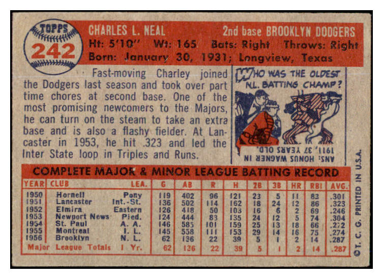 1957 Topps Baseball #242 Charlie Neal Dodgers EX 524982