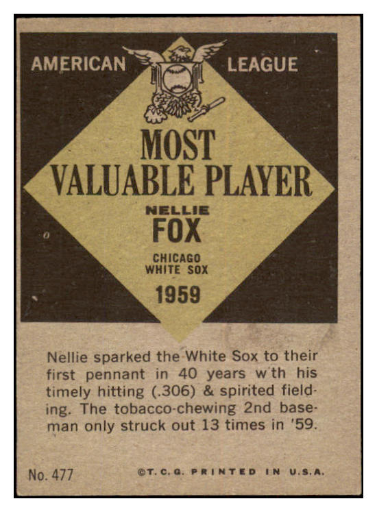 1961 Topps Baseball #477 Nellie Fox MVP White Sox EX-MT 525482