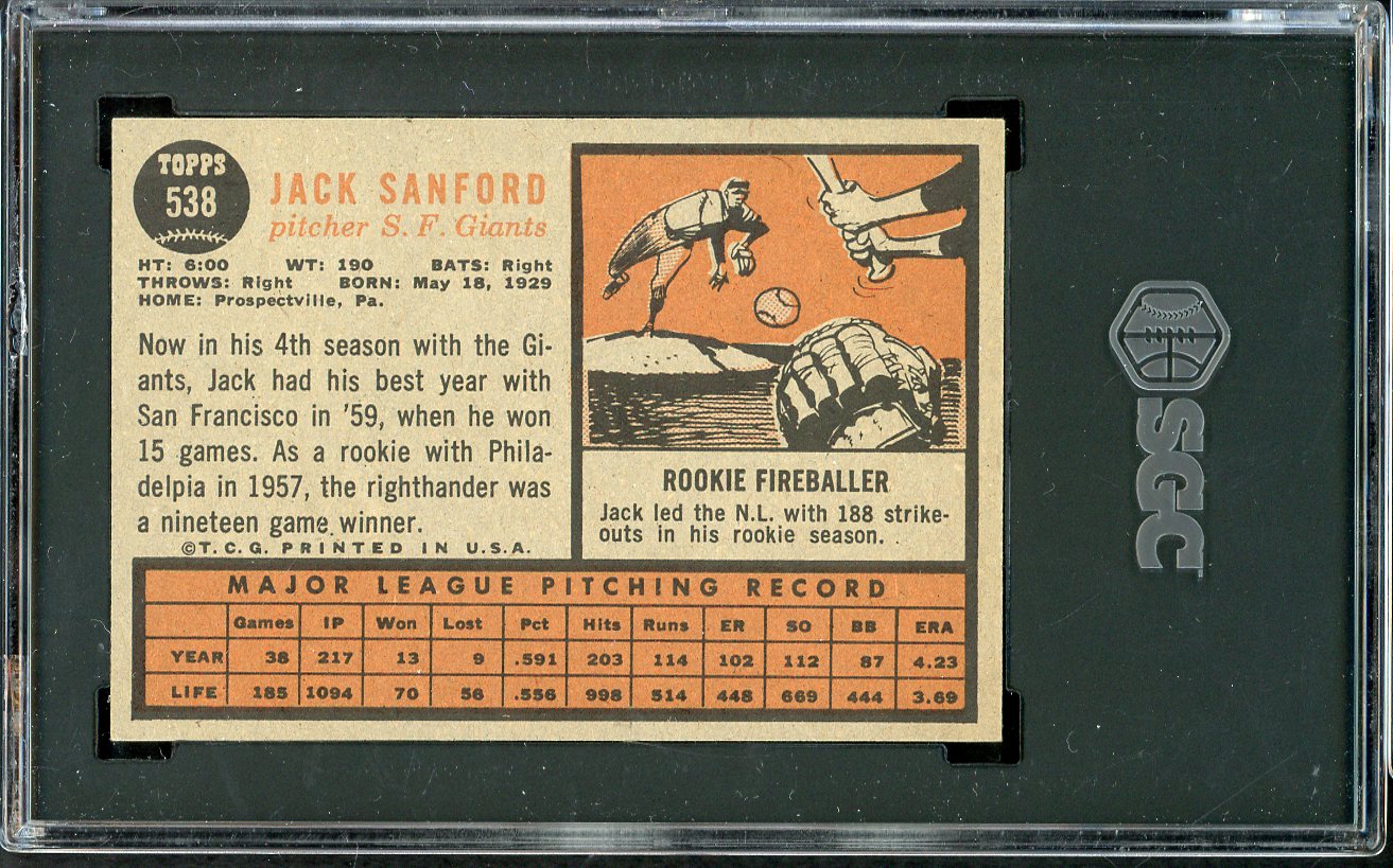 1962 Topps Baseball #538 Jack Sanford Giants SGC 7 NM 526665