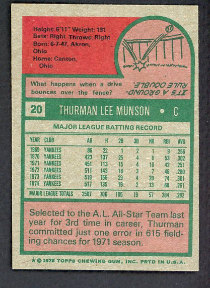 1975 Topps Baseball #020 Thurman Munson Yankees EX-MT 527197
