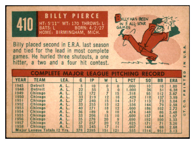 1959 Topps Baseball #410 Billy Pierce White Sox EX-MT 527252